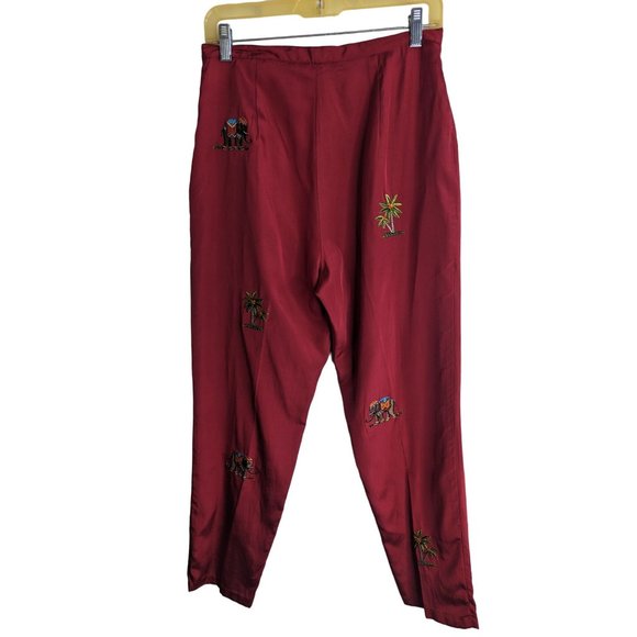 Silkland Red Silk/Cotton Lined Pants Embroidered Tropical Print Boho sz 10Petite - Picture 4 of 9